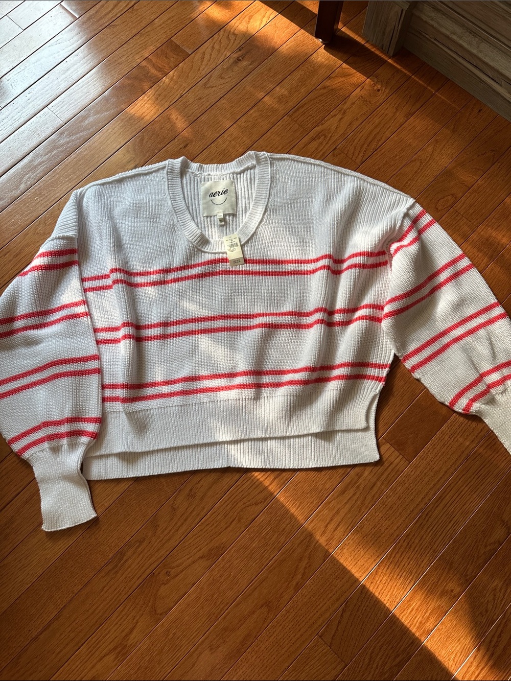 aerie White Cropped Crewneck Sweater with Red Stripes